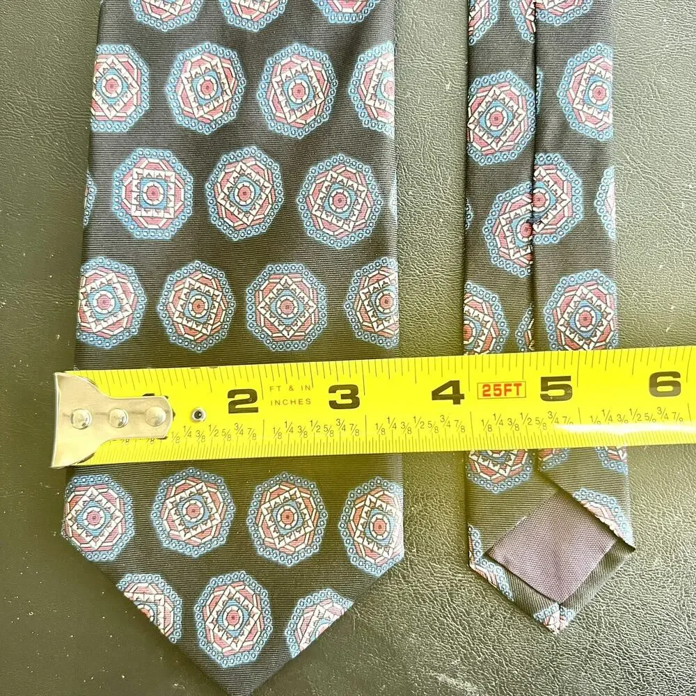 Lanvin Mens 100% Silk Tie Gray Red Blue Geometric Medallion Necktie Designer